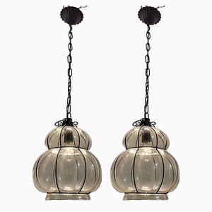 Wrought Iron and Murano Glass Lamps, 1970s, Set of 2