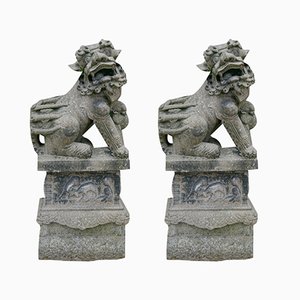 Carved Granite Meji Dogs of Foo, Set of 2