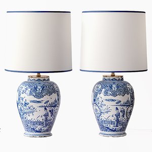 Lampade da tavolo blu e bianche di Delftware, set di 2
