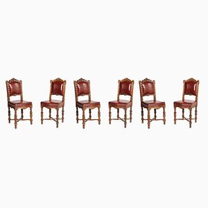 Eclectic Neoclassical Chairs in Hand Carved Walnut & Leather Upholstery, 1880s, Set of 6