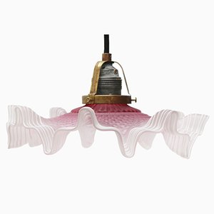 Lampe à Suspension Art Nouveau en Verre Givré Rose, France, 1920s