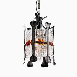 Brutalist Pendant Lamp in Wrought Iron and Colored Murano Glass by Tom Ahlström & Hans Ehrich, Sweden, 1960s