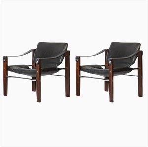 Schwarze Chelsea Safari Sessel aus Leder & Teak von Maurice Burke für Arkana, 2er Set