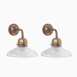 Mid-Century French Brass and Holophane Glass Wall Lights, Set of 2