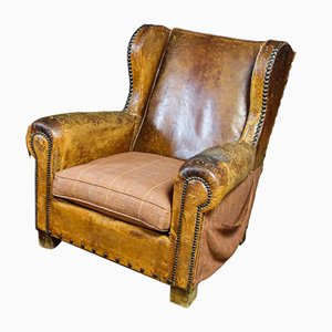 Fauteuil Antique en Cuir Marron, 1930s