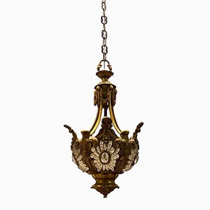 Lámpara de araña vintage con cuentas de bronce y cristal, años 50