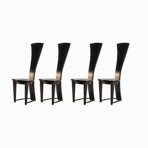 Black Lacquered High Back Dining Chairs, 1980s, Set of 4