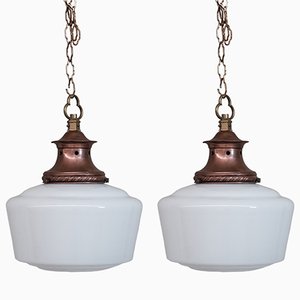 Mid-Century Opaline and Copper Pendant Lights, Set of 2