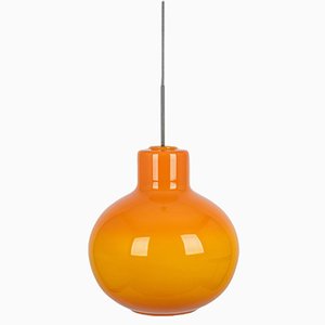 Large Opal Orange Ball Pendant Light attributed to Doria, Germany, 1970s
