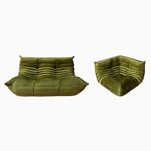 Green Velvet Togo 2-Seat Sofa & Corner Seat by Michel Ducaroy for Ligne Roset, 1970s, Set of 2