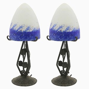 French Art Deco Wrought Iron Lamps with Glass Shades, Set of 2