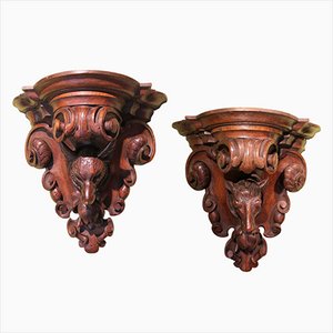 Als Jagdtier geschnitzte Wandhalterungen aus Schwarzwald Eiche, 19. Jh., 2er Set