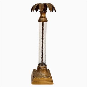 Tall Mid-Century Brass Palm Tree Candleholder with Cut Glass Stem