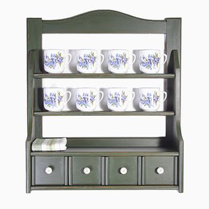 Country Style Green Kitchen Wall Unit with Mugs, 1930s, Set of 9