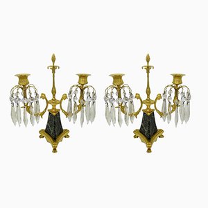 Antique French Crystal Twin Branch Candelabra in Bronze and Marble, Set of 2