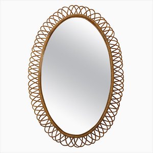 Grand Miroir Mural en Rotin / Bambou, 1960s