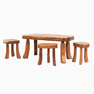 Elm Live Edge Living Room Set Table & 3 Side Tables, France, 1970s, Set of 4