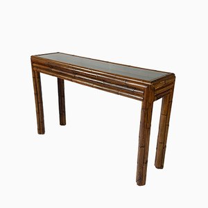 Spanish Bamboo and Smoked Glass Console Table, 1970s