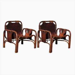 Mid-Century Italian Leather and Bamboo Lounge Chairs by Tito Agnoli, 1960s, Set of 2