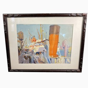 Jules Van De Leene, Marine Liner at Dock, anni '20, Guazzo