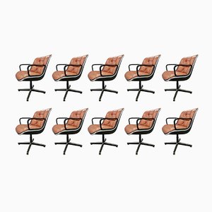 Pelle Cognac Poltroncine Girevoli Pollock Chairs by Charles Pollock for Knoll Inc. / Knoll International, 1970s, Set of 10