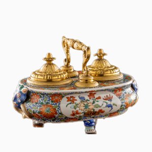 Antique Regency Inkwell in Gilded Bronze & Porcelain, England