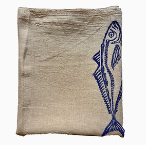 Carapau - Pure Linen Tablecloth for the Minimalist… Horse Mackerels in Bright Blue Swimming in One Direction in a Regular Pattern