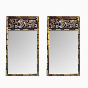 Golden Carved Faux Bamboo Wood Mirrors with Birds and Flowers, China, 1980s, Set of 2