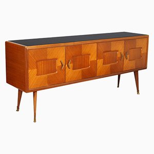 Mid-Century Sideboard with Mirror in Walnut and Rosewood Veneer with Checkerboard by Paolo Buffa for Palazzi dell'Arte Cantù, 1940s, Set of 2