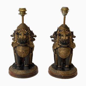 Mid-Century Singha Lion Foo Dog Lamps, Set of 2