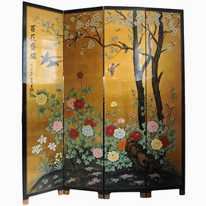 Lacquer De Chine Dekorativer vierfacher zweiseitiger Raumteiler mit Blumen