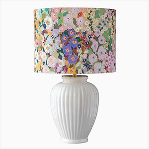 Delft White Table Lamp, New House of Hackney Hollyhocks Lampshade