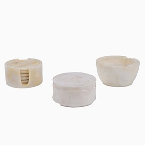 Vintage Alabaster Ashtray Coasters and Bowl, 1970s, Set of 3