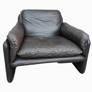 Armchair in Brown Leather with White Seams from de Sede