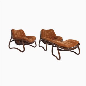Vintage Bamboo & Velour Lounge Chairs & Ottoman, Denmark, 1960s, Set of 3