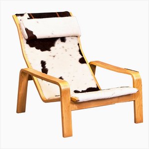 Fauteuil Pulkka en Hêtre et Cuir de Vache attribué à Ilmari Lappalainen pour Asko, 1960s