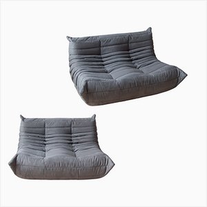 Set of Grey Microfiber Togo 2-and 3-Seat Sofa by Michel Ducaroy for Ligne Roset