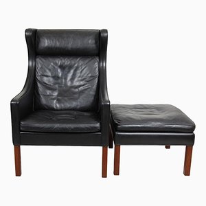 Wingchair & Ottoman in Black Leather by Børge Mogensen for Fredericia, 1980s, Set of 2