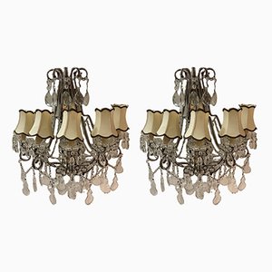 Large Antique Italian Mirrored Crystal Sconces, Set of 2