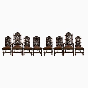 Antique Heavily Carved Oak & Hand Dyed Leather Dining Chairs, London, 1890s, Set of 8