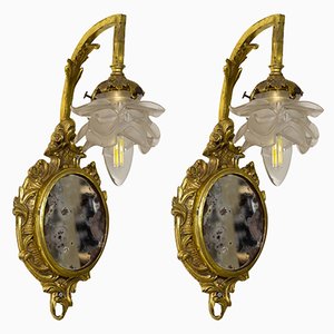 Louis XVI Wandlampen aus Messing mit Spiegel & Opalglas Lampenschirmen, 1920er, 2er Set