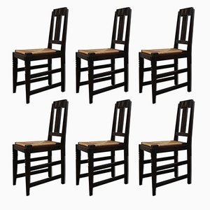 Vintage Dining Chairs in Oak and Wicker by Victor Coutray, Set of 6