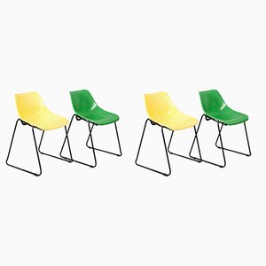French Green and Yellow Stackable Iron Chairs in the style of René-Jean Caillete, 1950, Set of 4