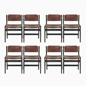 Vintage Brutalist Chairs in Hideleather and Wood, Set of 8