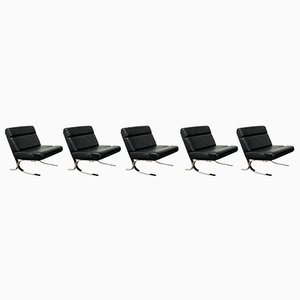 Vintage Black Leather and Chrome Armchairs, Set of 5