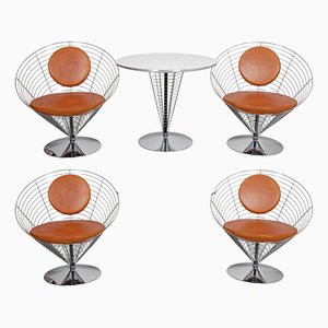 Wire Cone Chair Set aus braun patiniertem Leder von Verner Panton für Fritz Hansen, 1980er, 5er Set