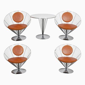 Wire Cone Chair Set with Brown Patinated Leather by Verner Panton for Fritz Hansen, 1980s, Set of 5