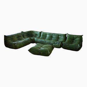 Vintage Green Leather Togo Living Room Set by Michel Ducaroy for Ligne Roset, Set of 5