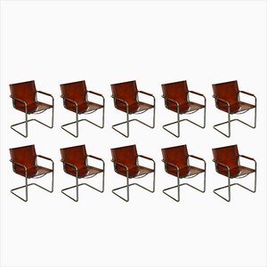 Vintage Cognac Brown Leather MG5 Armchairs attributed to Marcel Breuer for Matteo Grassi, 1970s, Set of 10