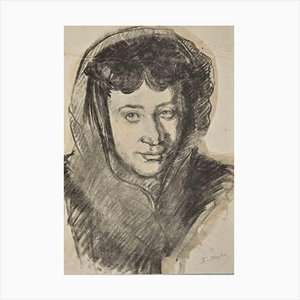 Edouard Dufeu, retrato, carboncillo y acuarela original, finales del siglo XIX